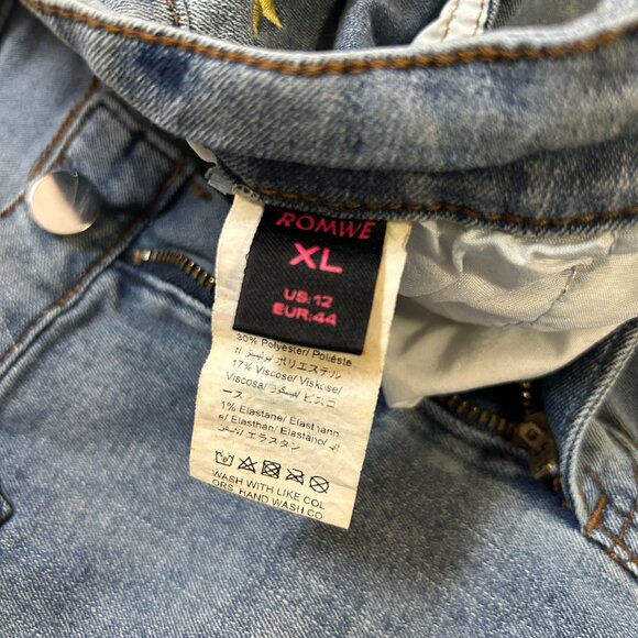 ROMWE Womens Blue Denim Jeans Embroidered Stars patchwork Size XL US 12 Casual - Picture 5 of 12